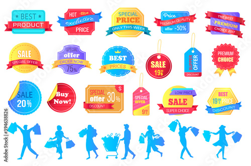 Set of big sale banners on white background. Discount special offer. End of season special proposition banner. Best price advertising poster with people silhouettes happy buyers holding purchases