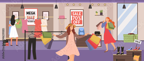 Buyer is selecting cloting. Women choosing garments during a sale. Female characters with purchases spend time in the store. Young girl jumps and picks up multi-colored packages with clothes