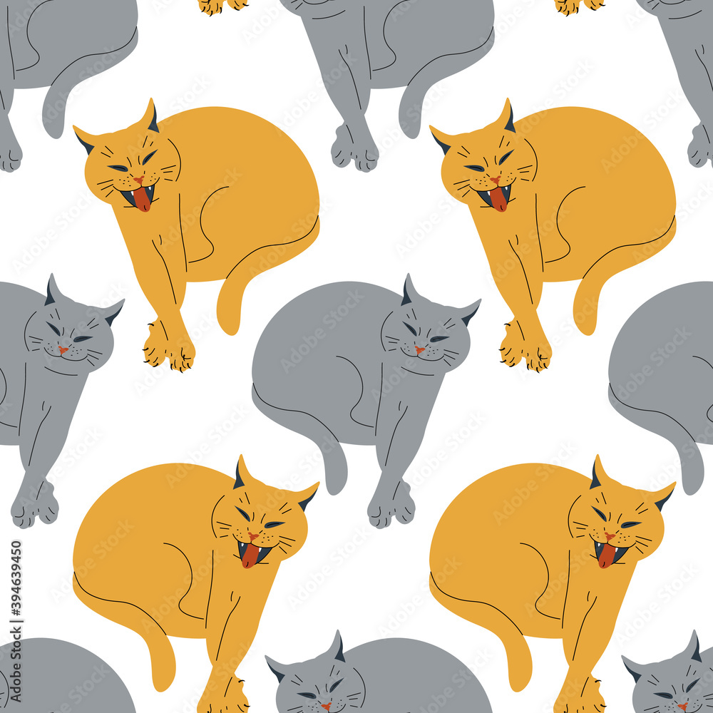 seamless pattern with funny colorful cartoon cats. On white background. Stock vector illustration.