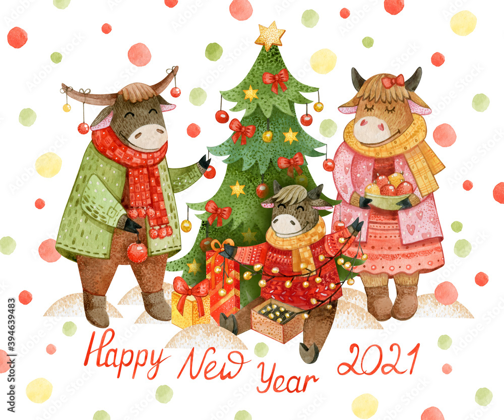 Watercolor new year card with happy family of bulls and cows in winter clothes near a Christmas tree with red bows and gold stars. The illustration is intended for New Year cards