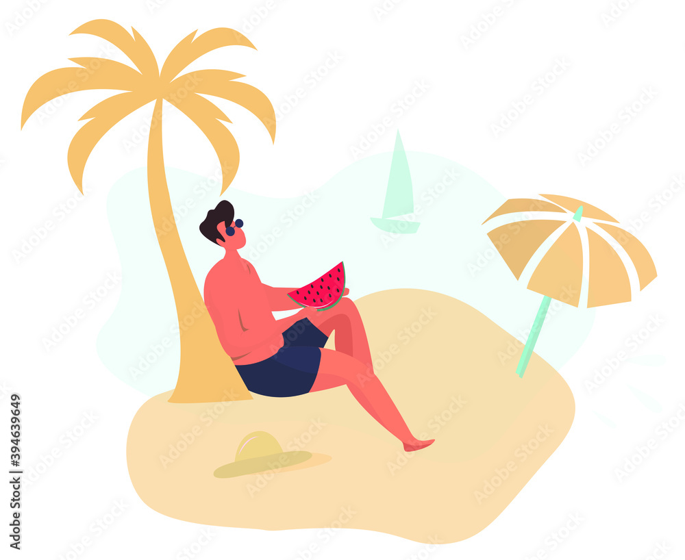 Man Relax on the Beach Under Palm Tree. Beach Umbrella. Young Man Wearing Swimsuit in the Sunglasses Sunbathing at Sea. Hut on Sand. Beach Activity. Summer Holiday Relaxing.Flat Vector 