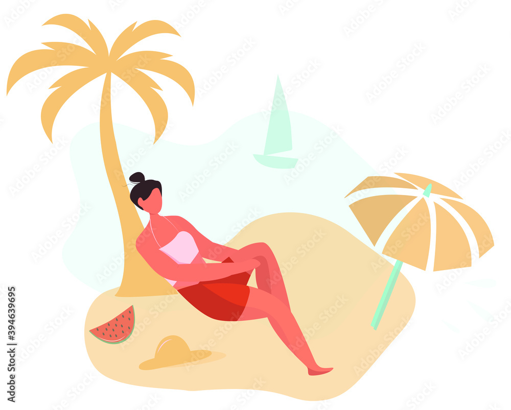 Woman Relax on the Beach Under Palm Tree Along Coast.Watermelon and
Beach Umbrella.Woman Wearing Swimsuit Sunbathing at Sea.Summer Holiday Relaxing.Beach Activity.Flat Vector Illustration