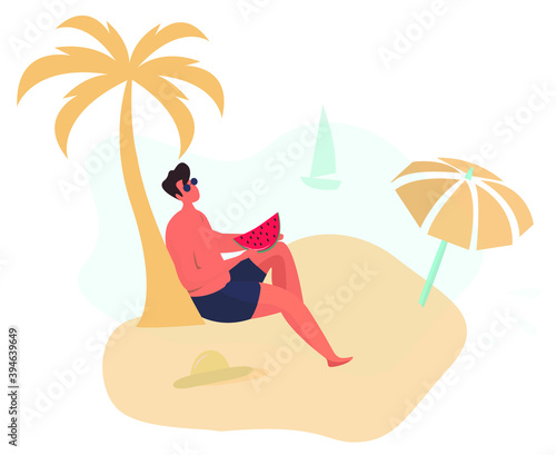 Man Relax on the Beach Under Palm Tree. Beach Umbrella. Young Man Wearing Swimsuit in the Sunglasses Sunbathing at Sea. Hut on Sand. Beach Activity. Summer Holiday Relaxing.Flat Vector 