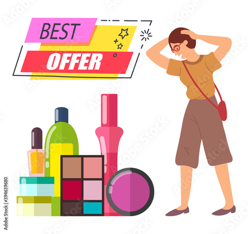 Announcement of the best product offer in the store. Young beautiful woman stands and looks in amazement at the cosmetics. Female character with a large set on the floor isolated on white background
