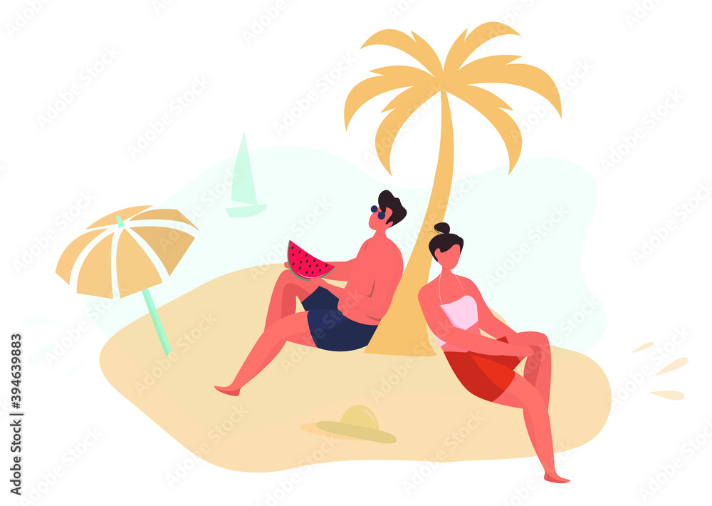 Couple Relax on the Beach Under a Palm Tree.Swim Ring and
Beach Umbrella.Woman Wearing Swimsuit in the Sunglasses Sunbathing at Sea.Hut on Sand.Summer Holiday Relaxing.Flat Vector Illustration