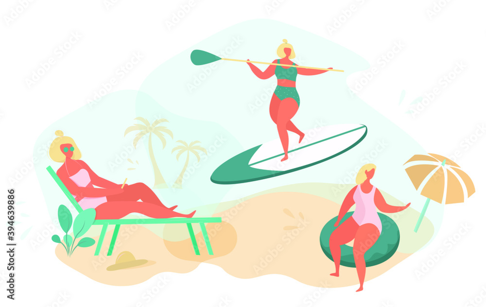 Beach Holiday and Activites at Sea, Surfing,Stand up Paddle and Sunbathe under Palm Tree Along Coast.Characters with Swim Ring.Summer Holiday Relaxing.Flat Vector Illustration