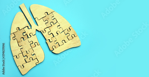 Wall Mural Wooden lungs from pieces of puzzles on the blue background.