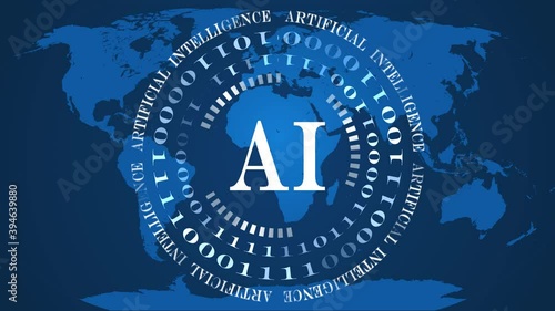 AI - abstract Artificial Intelligence background - rotating circles of random varying binary code with flickering letters in the center - blue world map background - cyber technology and automation