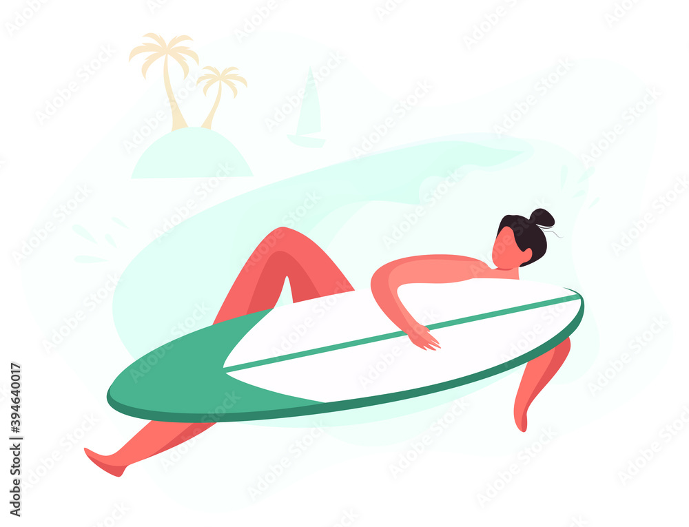 Stand Up Paddle or Surfing.Girl on the Board.Woman Paddling Boarding on the Waves.Summertime.Fitness on Water, Healthy lifestyle in flat vector Design.Flat Vector illustration.