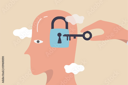 Unlock business idea, motivation to find out and search for business opportunity or creativity concept, businessman hand holding secret key to unlock ideas on human head.