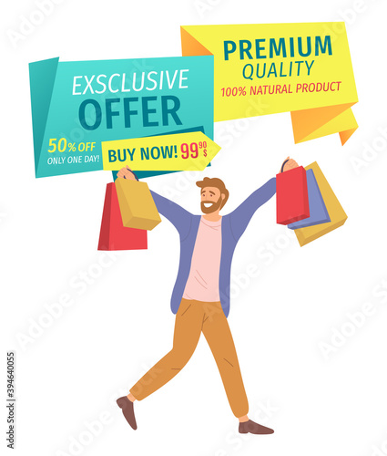 Advertising of an exclusive offer and premium quality. Natural products in the store. Man with shopping bags is smiling happily. Young handsome fashion shopper guy picks up multi-colored packages