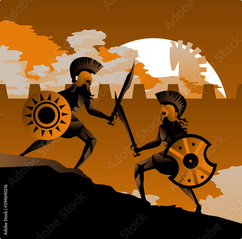 orange and black figures of troy war with achilles fighting