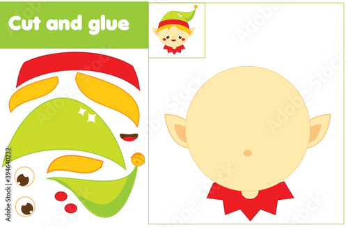Cut and paste children educational game. Paper cutting activity. Make a Santa Christmas elf with glue and scissors. DIY worksheet