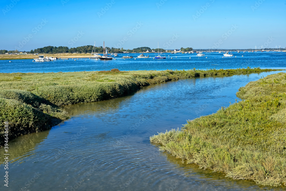Coastline and boats at Damgan, a commune in the Morbihan department of Brittany in north-western France.