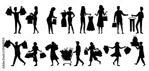 Set of silhouettes while shopping vector illustration. Group of shoppers with purchases in their hands preparing for the holidays. Men and women are buying gifts. Girls are choosing clothes