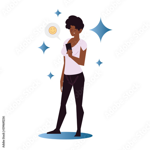 woman with her smartphone sending emoticon