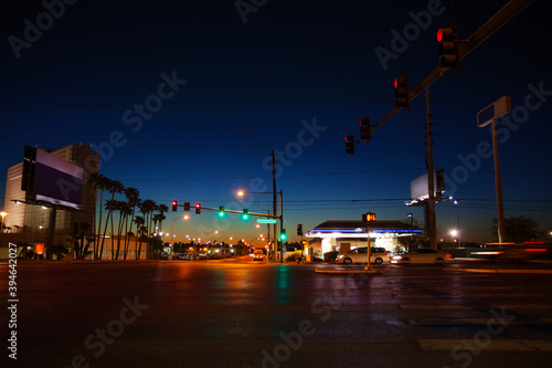 Photography Night view of the asphalt road and traffic lights in Las Vegas, Nevada, USA