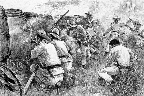 War of Cuba. Insurgents hiding behind a barricade of sugar barrels. Antique illustration. 1896.