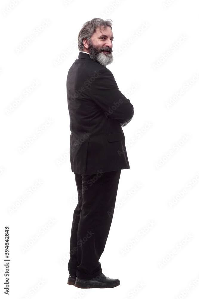 bearded business man reading an ad on a white screen. isolated on a white