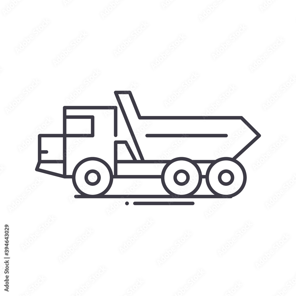 Dump truck icon, linear isolated illustration, thin line vector, web design sign, outline concept symbol with editable stroke on white background. Dump truck icon, linear isolated illustration, thin line vector, web design sign, outline concept symbol with editable stroke on white background.