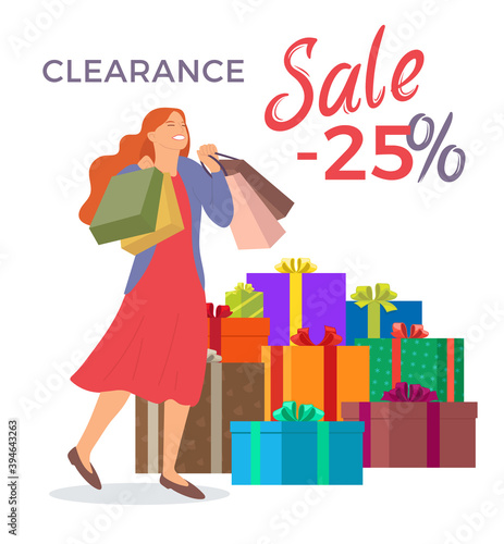 Young beautiful happy girl picks up multi-colored packages. Female character with shopping bags in her hands. Big gift boxes on the background. Holliday sale concept. Preparation for the celebration