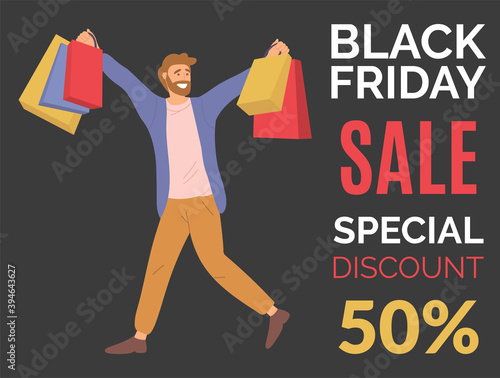 Young handsome happy guy buys presents on the sale. Male character with shopping bags in his hands on the black friday. Announcement of a special fifty percent discount. Holliday sales in the store