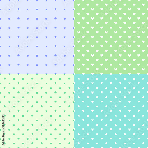Set of backgrounds with stars and hearts. Colored simple pattern. Prints for banners, flyers, t-shirts and textiles