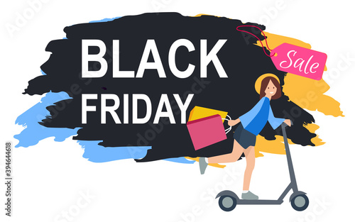 Promotion of sales and discounts in the shop. Woman shopping on black friday. Female character a scooter rides to the store. Young beautiful fashion shopper girl with the advertisement on background