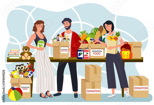 Volunteers and donation boxes. Donation, charity donation funds, gift in kind concept. Social care and charity concept.