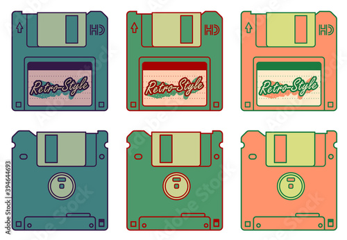 Set of floppy diskettes isolated on white background. Top view of magnetic retro data storage devices. Two sides of colorful discs. Vector illustration with layers