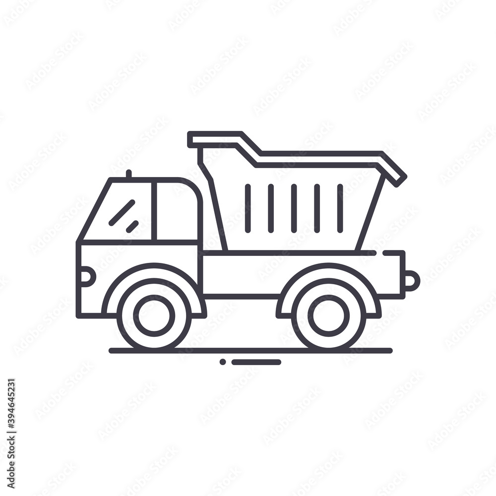 Dump truck concept icon, linear isolated illustration, thin line vector, web design sign, outline concept symbol with editable stroke on white background.