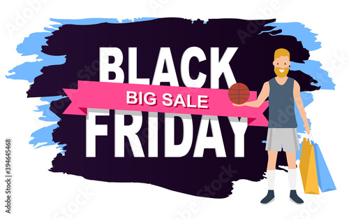 Promotion of sales and discounts in the store. Young shopper fashion guy shopping on black friday. Man with shopping bags and a ball in his hands is smiling. Male character is going to play basketball