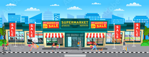 Buyers are going out of the store with purchases in their hands. Supermarket sales and discounts. Women with bags in the shopping cart. The girl walking the dog. A group of people rushing to the sale