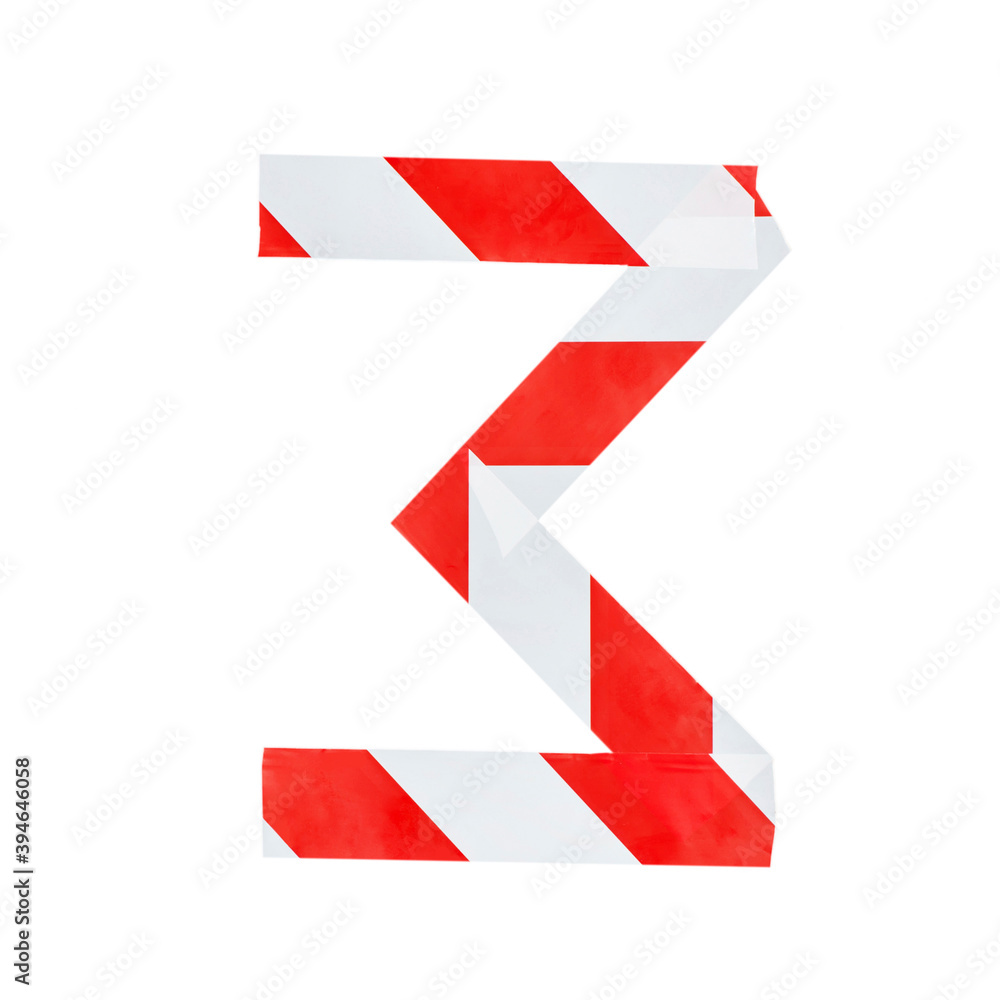 Number 3 is made of red and white warning tape. Isolated on white background Number 3 is made of red and white warning tape. Isolated on white background