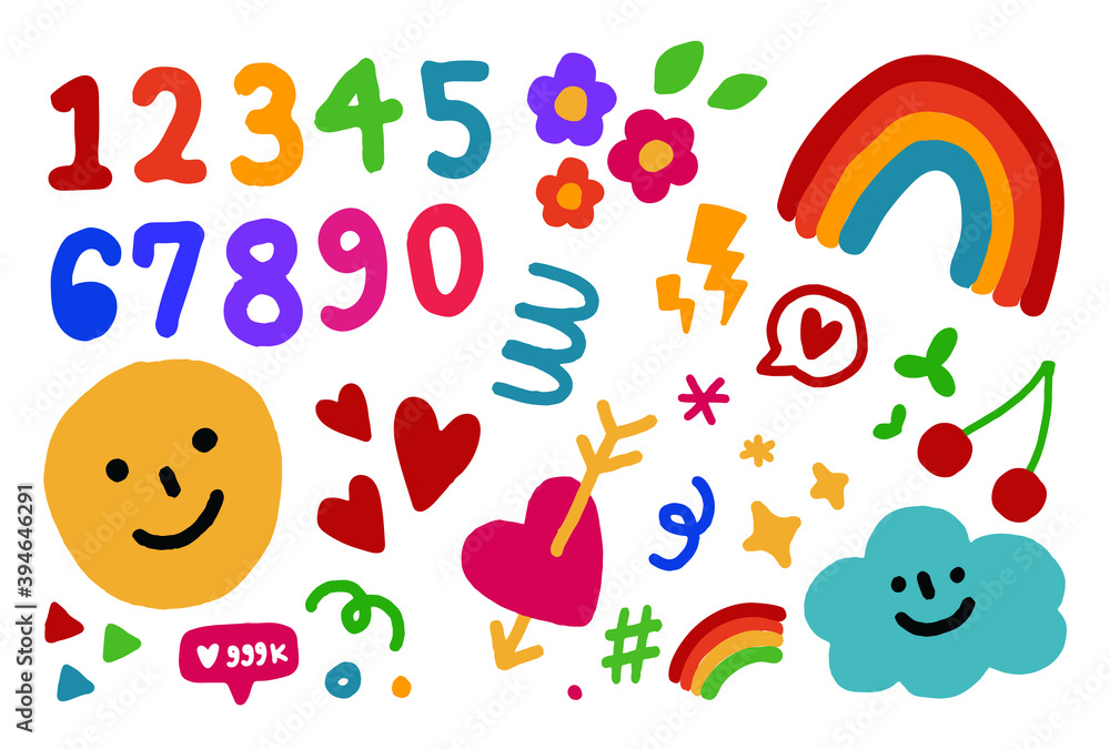 Vector hand drawn elements, party, birthday, smiley  faces, heart, wave.