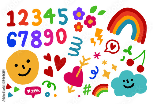 Vector hand drawn elements, party, birthday, smiley  faces, heart, wave.