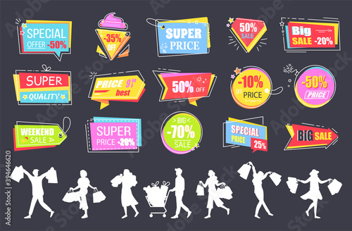 Set of big sale banners on black background. Discount special offer. End of season special proposition banner. Best price advertising poster with people silhouettes happy buyers holding purchases
