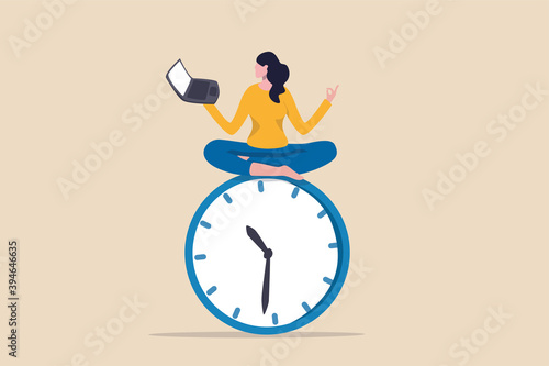 Flexible working hours, work life balance or focus and time management while working from home concept, young lady woman working with laptop while doing yoga or meditation on clock face.