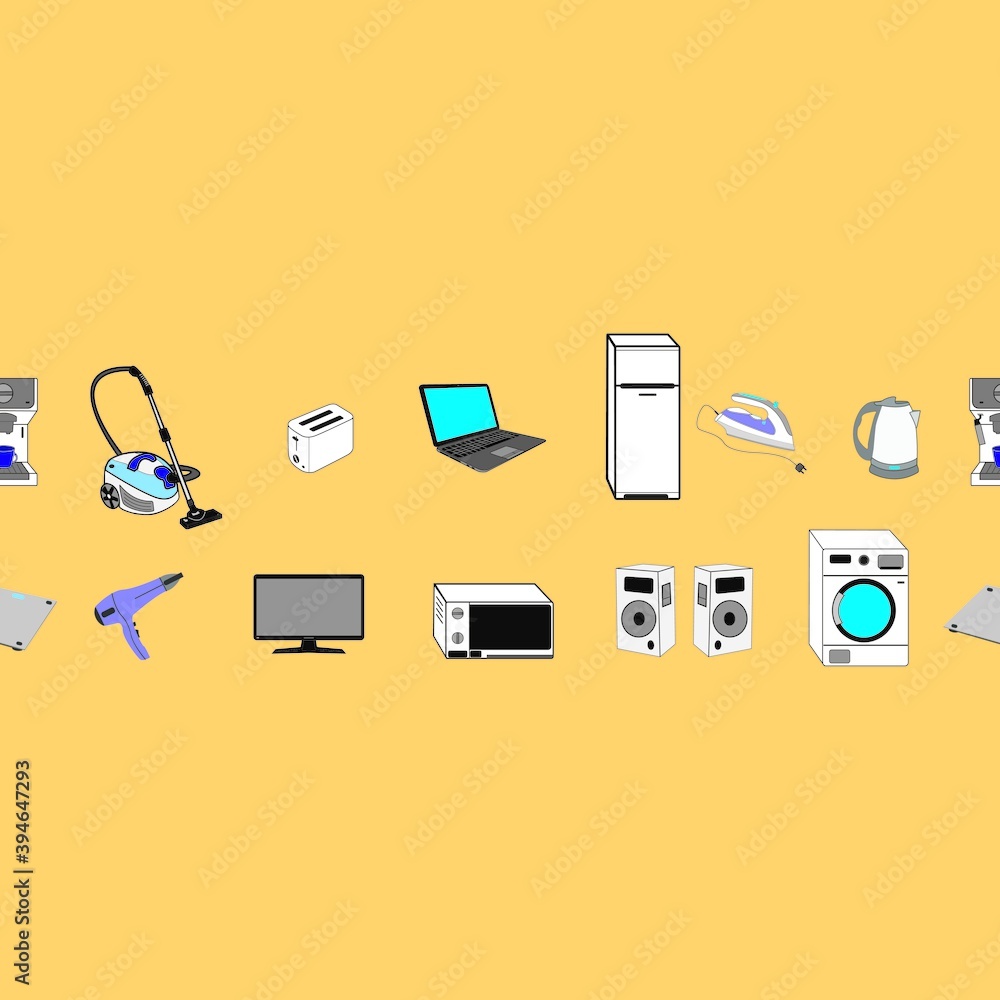 Seamless vector pattern. Appliances. Isolated on orange background. Vector graphics. Seamless vector pattern. Appliances. Isolated on orange background. Vector graphics.