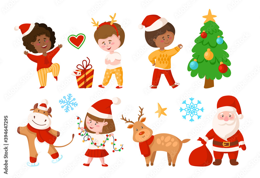 Christmas and New Year kids clipart - cartoon boy and girl, Christmas Tree, gift box, reindeer Rudolph, Santa Claus, cute cow, snowflake, festive decorations - vector isolated images set