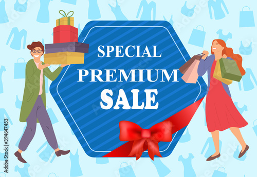 Announcement of a special premium sale. Couple on the shopping with presents in their hands. Men and women are picking up shopping bags. Customers are buying gifts. Pastime before hollidays