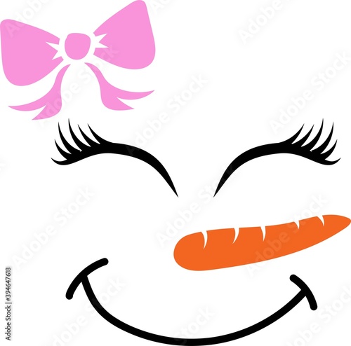 Snowman girl face icon. Cute snowman girl with bow big eyes, carrot nose