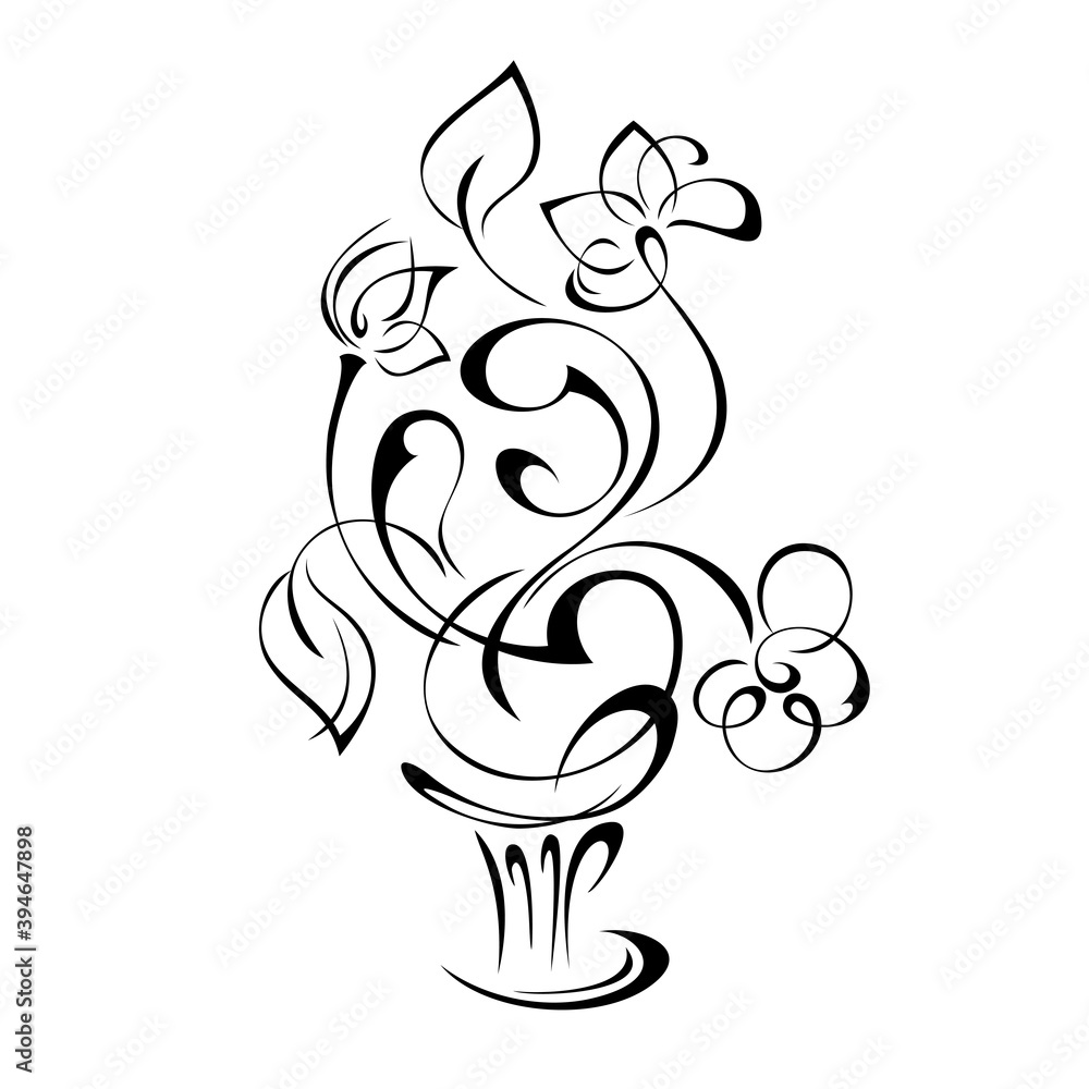 ornament 1395. stylized vase with flowers, leaves and curls in black lines on a white background