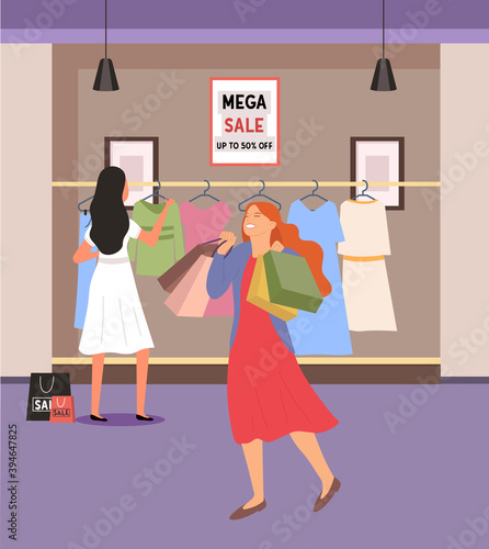 Woman with bags is smiling happily. Young beautiful happy girl picks up multi-colored packages. Female characters shopping during mega sale. Women choosing garments. Buyer selecting clothes in store