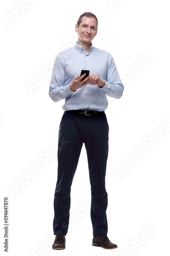 random young man checking his email. isolated on a white