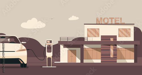 Modern motel with electric car parking and charging stations. Vector flat style illustration.