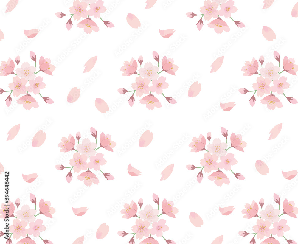 桜　白背景　パターン 水彩　手描き
