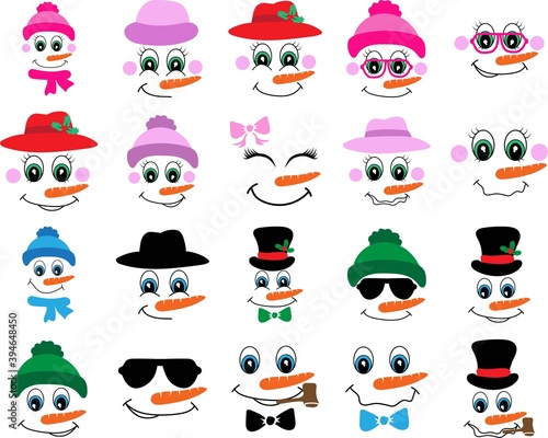 Vector Collection of Cute Snowman and Snowman girl Faces. Big eyes, carrot nose
