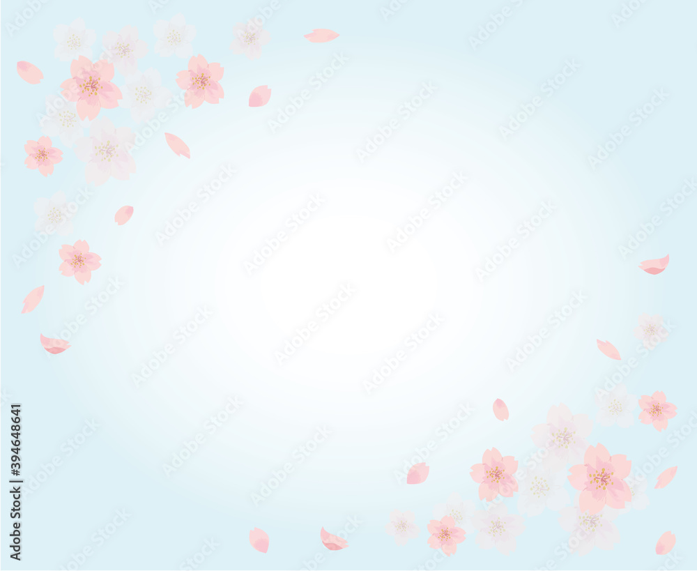 桜　青背景　水彩　手描き
