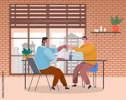 Men office workers fists bumping at table with laptops. Victory celebration, business cooperation. Team building. Teamwork. Office space, brick walls, bookshelf, potted plant. Flat vector image.
